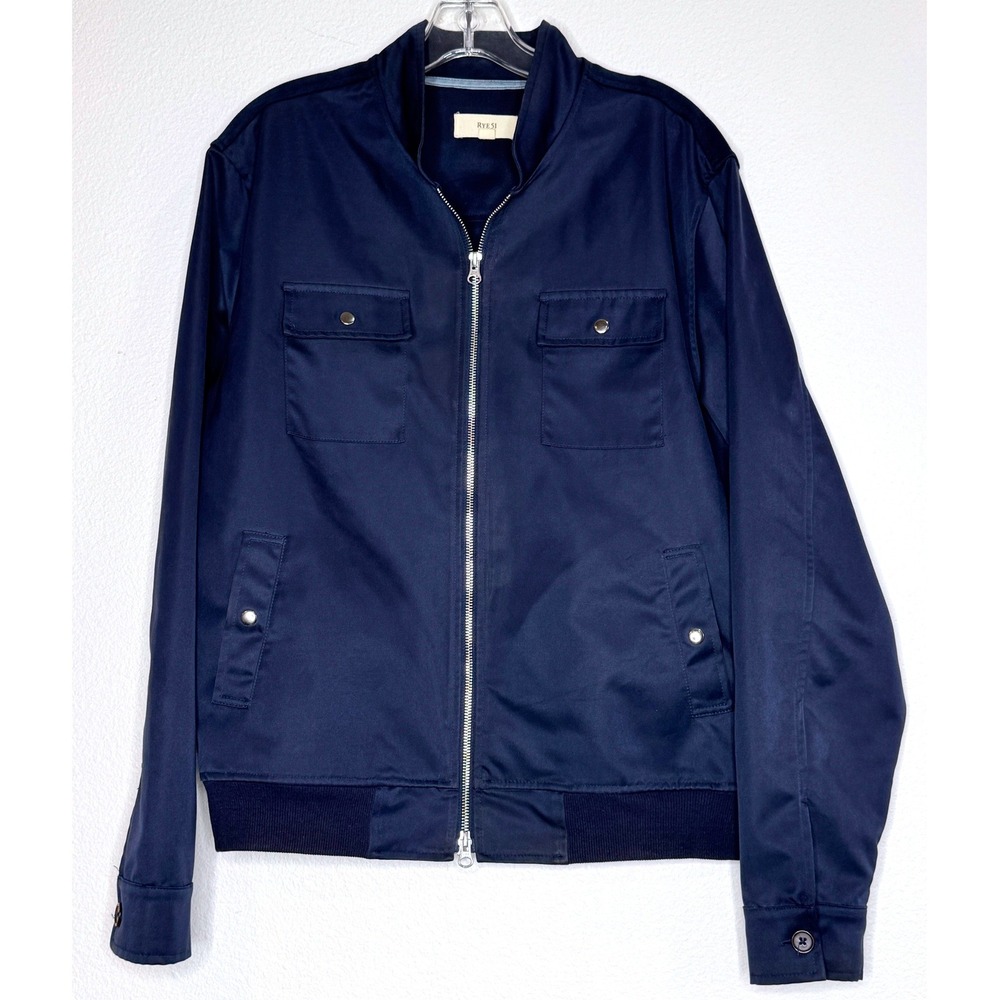 RYE 51 Mens Full Zip Bomber Varsity Jacket Cotton Blend Medium Navy Minimalist